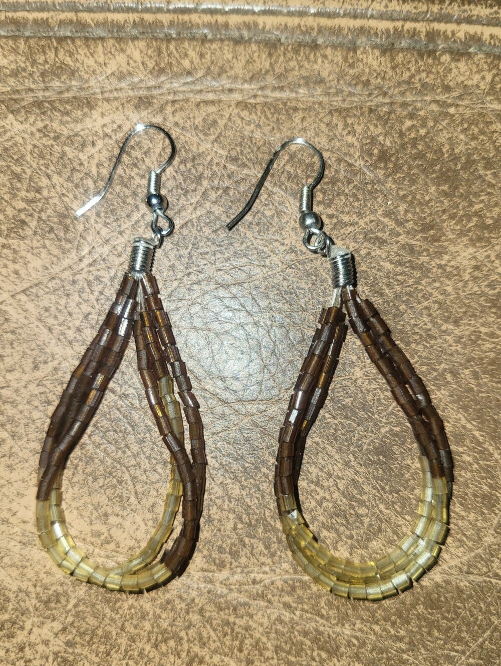 Handcrafted Ombre Bugle Bead Teardrop Loop Earrings Earthy Brown & Amber